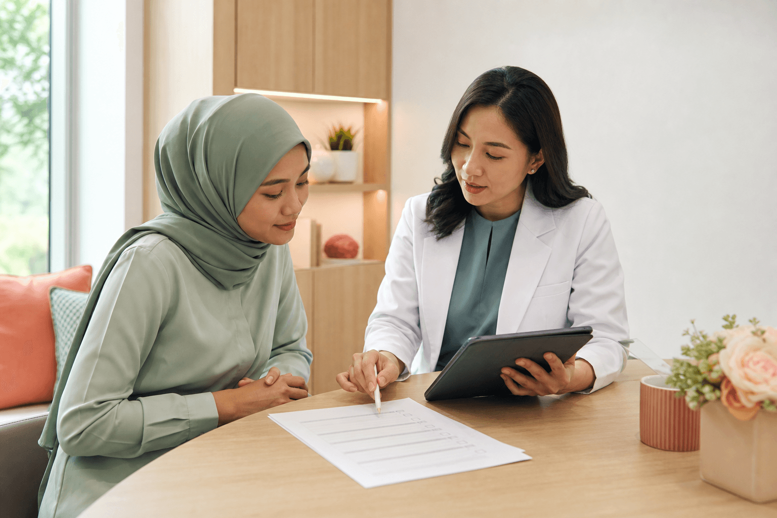 A dentist and patient reviewing a consent checklist before choosing a dental service